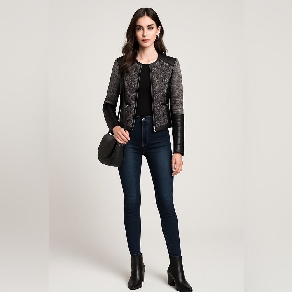H&M women’s faux leather and tweed jacket with exposed zipper & low neck. Size 6